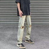 Men Jeans Summer Ripped Slim-Fitting Straight Pants Casual Pants